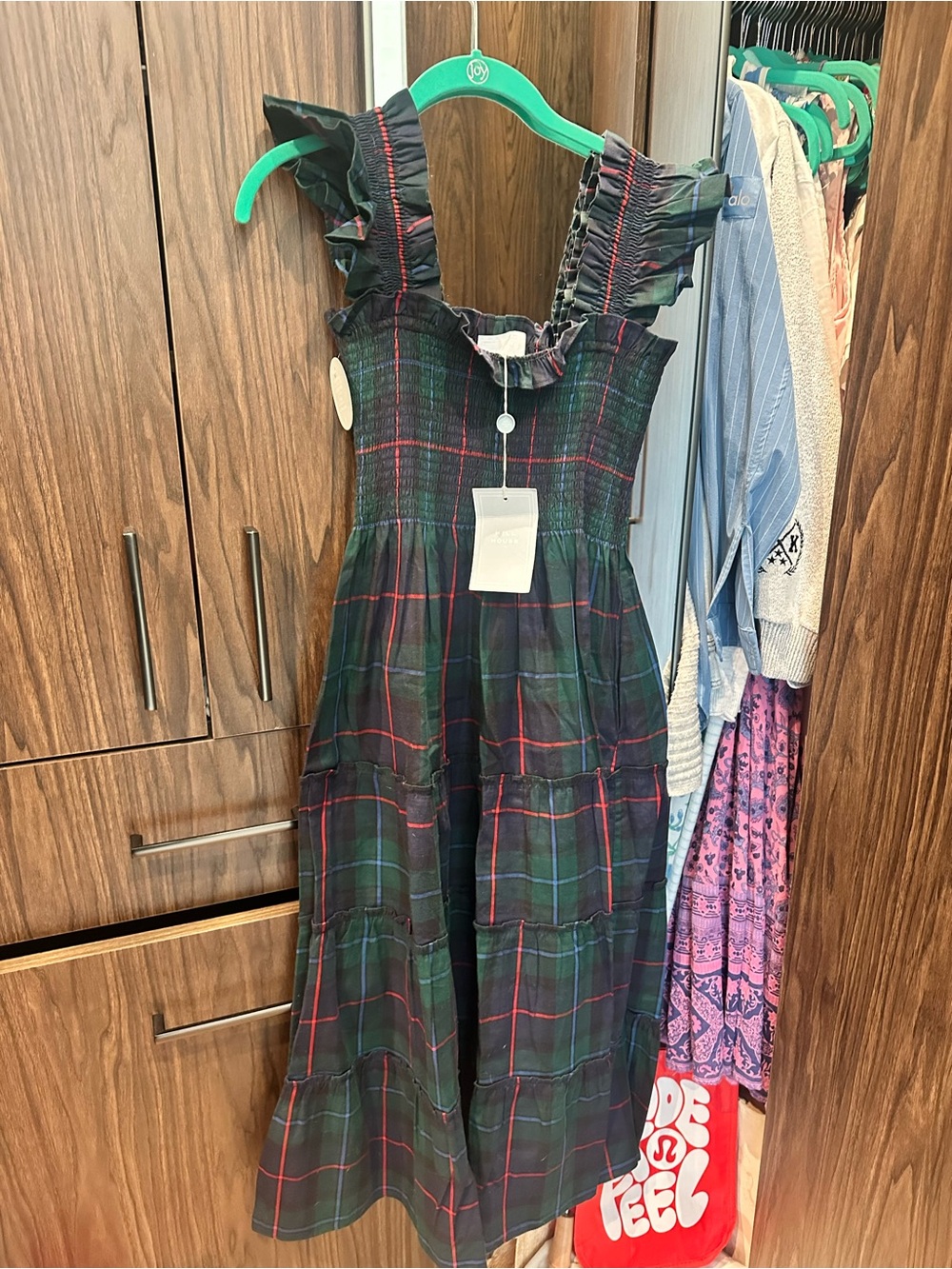 Hill House Dark Green Plaid Midi Dress with Red Accents